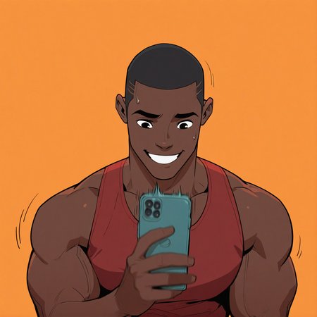 <lora:DUKE:1>duke, solo, smile, short hair, simple background, black hair, 1boy, holding, muscular, big pectorals, upper body, male focus, dark skin, grin, black eyes, phone, dark-skinned male, cellphone, tank top, motion lines, smartphone, holding phone, orange background, very short hair, very dark skin, buzz cut, basketball uniform, red tank top, sleeveless, sweatdrop, motion blur, film grain, abstract, natural lighting, fantasy, cinematic, dynamic view, very awa, masterpiece, best quality, absurdres, newest, perfect quality, detailed background, intricate details, (artist:fl \(l-fl\):0.7), (artist:tooboshoo:0.7), (artist:dizdoodz:0.8)