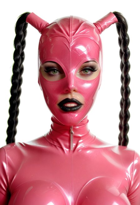 score_9, score_8_up, score_7_up, photo, photoshoot, portrait, close up, looking at viewer, 1girl, fit, mature woman, lean toned, (pink latex mask, pink latex catsuit, black lipstick:1.2), black braided pigtails, green eyes, seductive lips, (thick full lips, pouty lips, lips parted:1.0), visible teeth, glossy lips, long eyelashes, black eyeliner, black eyeshadow, soft contrast, soft shadows, large breasts,  seductive expression, white background