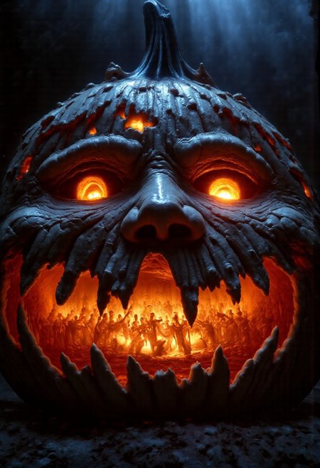 Ultra-realistic, shot of a horrifying Jack-o'-lantern, its carved face grotesquely stitched together from disfigured human faces. A twisted hollow smile with two eyes. The twisted skin of the faces stretches and pulls at the edges, forming jagged, uneven lines around the grinning mouth and hollow eyes. Each of the pumpkin looks like stitched human skin, veins bulging beneath decaying flesh. The stitching is thick and black, with dark, oily blood seeping from the seams. The glowing interior of the Jack-o'-lantern casts a sickly, flickering orange light from within, revealing disturbing images in the depths of its hollow eyes and gaping mouth—faintly visible figures of twisted, ghostly bodies writhing in agony, barely discernible but terrifyingly real. The background is an out of focus graveyard at night. 
The texture of the skin is hyper-detailed, with cracks, bruises, and decay adding to the grotesque realism. The edges of the pumpkin are rotten, blending seamlessly with the human skin, as though the flesh is becoming part of the monstrous entity itself. Shadows dance across the contorted features, deepening the sense of despair, while the light flickers unnaturally, revealing glimpses of nightmarish forms trapped within the Jack-o'-lantern's depths. The color palette is dominated by dark, muted flesh tones, blacks and ivory whites, and sickly oranges, with the occasional glint of blood-red highlights, creating an atmosphere of visceral horror and surreal terror.