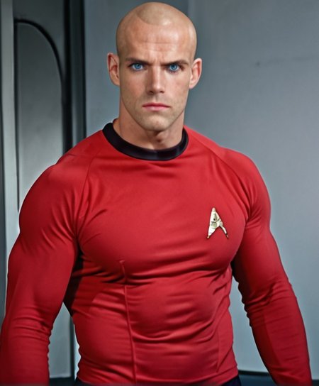 1boy, 20 year old male, Handsome, masculine, blonde, star trek, red shirt, muscle,  tall, tight shirt, wide pectorals, big shoulders, wide shoulders, muscular neck, German, bald, big pale blue eyes, abs, biceps, scowling facial expression, phaser, hand,

stunf, star trek uniform,