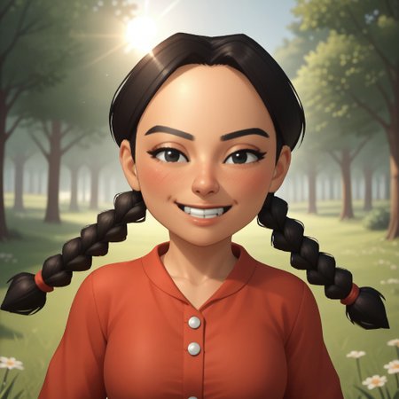 score_9, score_8, BREAK, solo, wii, mii, wii sports, 1girl, female mii, black eyes, black hair, twin braids, black eyebrows, blush, buck tooth, red clothing, black pants, shoes, nintendo mii, modern_mii, classic_mii, breasts, xiao-tong_(wii_sports), cute, sexy pose, smile, outdoors, sunlight, shadows, evening lighting, natural lighting, forest, trees, grass, orange sky, sunset