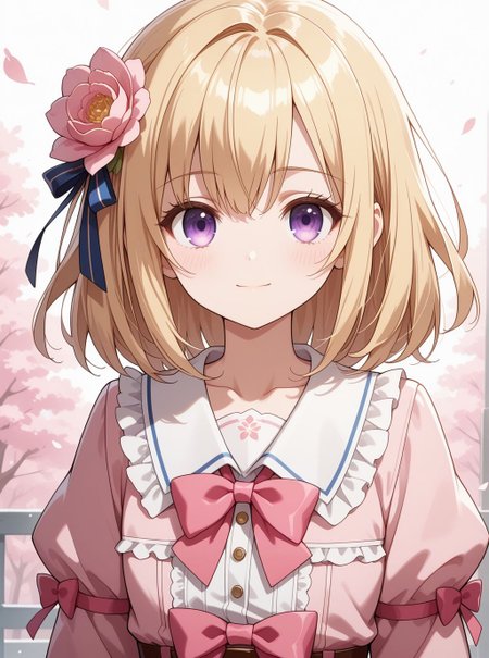 sfw, general, 
<lora:DDjill_servelPonyV1:1>, 1girl, jill_servel, blonde hair, medium hair, purple eyes, hair flower, pink dress, pink bow, collarbone, light smile, ,, 
BREAK
dutch angle, from front, dynamic pose, <lora:brightness_slider:-0.5>, 
BREAK
masterpiece, best quality, amazing quality, very aesthetic, absurdres, newest, 
<lora:Eyes_High_Definition:0.6>, eyesHD, high gradient eyes, detailed eyes, high definition eyes, 
<lora:LECO_Particles:1>, <lora:LECO_StickClotch:1.5>,