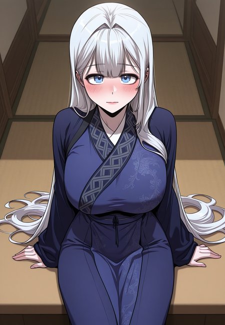 zPDXL3, score_9_up, score_8_up, score_7_up, (Anime_source),Masterpiece,(perfect female body:1.2), small waist, (incredibly detailed:1.4), beautiful fingers, (large breasts:1.4)  looking at viewer, huge breasts, looking at viewer,  <lora:Namgoong_Bi-Ah_-_Childhood_Friend_of_the_Zenith-Kaleid_Illustrious:1> namgoongbi-ah, 1girl, white hair, long hair, blue eyes, chinese clothes, blush, sitting