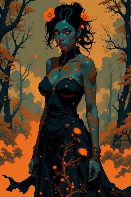 <lora:Fancha_style_v.5:0.99> Fancha style. This is a digital painting in a fantastical, surreal style, depicting a mystical, ethereal woman. The artwork features a woman with a dark blue skin, standing in a dramatic, almost ethereal pose. Her body is adorned with intricate, glowing patterns that blend seamlessly into her skin, creating an otherworldly effect. She has flowing, wavy hair styled elegantly and adorned with fiery, glowing flowers and leaves that match the fiery hues of the background. Her eyes are a piercing, glowing red, adding to the mystical aura. The woman's dress is a flowing, dark, almost black garment that appears to be made of a material that absorbs and reflects light, creating a shimmering effect.