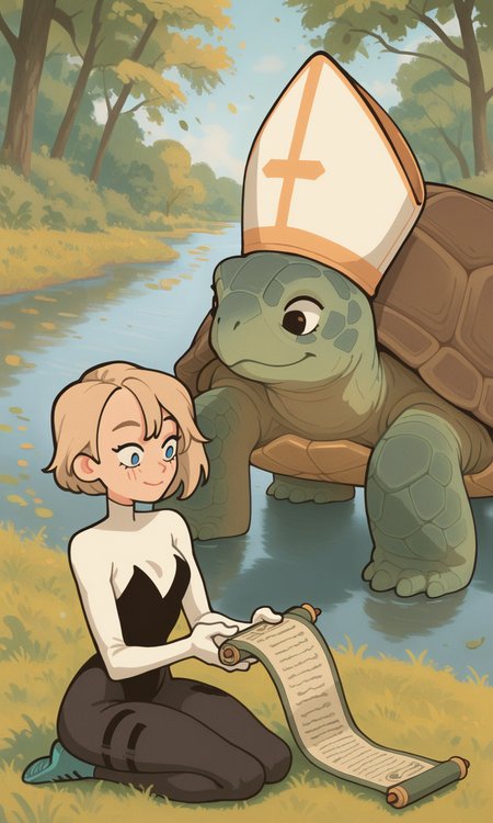 embedding:IllusP0s, wwafr, turtle pope, 1girl, gwen stacy_\(spiderman\), 1girl, sitting, smile, holding scroll, reading, outdoors, grass, river, trees, leaves,<lora:wwafr-10.safetensors:1.0:1.0> <lora:turtle_pope_r1.safetensors:1.0:1.0>