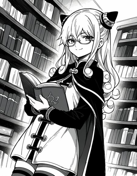 score_9, score_8_up, score_7_up, source_anime, <lora:ashe-talton-manga-ponyxl-lora-nochekaiser:1>, rengoku ashe, long hair, greyscale, monochrome,, thighhighs, long sleeves, capelet, cape, dress, white dress,, library, reading books, glasses, quiet, focused, shelves of books, smile, looking at viewer, solo,, cowboy shot, dutch angle