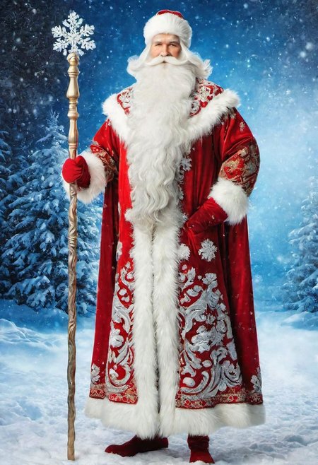 ((best quality)), ((masterpiece)), detailed soft oil painting, detailed background, soft edge lighting, professional, ultra quality, 4k,(masteriece, best quality, 8k, ultra highres, highres:1.4), extremely detailed, 
((a strong man of 60 years old with a long snow-white beard in the image of Russian, slavic Ded Moroz)) 
(standing:2) (full body photo:2) in the snowy forest, 
stands in a snowy forest among snow-covered fir trees, 
in a white fur coat trimmed with swan down or sable fur, embroidered with traditional Russian ornaments in silver - stars, crosses, geese, drawing in the style of oil painting, medium brush strokes, khokhloma style, slavic style, 
On the head is a traditional white warm boyar hat in the shape of a semi-oval, decorated with traditional Russian silver and pearl embroidery, trimmed with swan's down.
on her hands are huge white three-fingered mittens, decorated with traditional Russian silver embroidery.
The fur coat is tied with a white sash, embroidered with traditional Russian patterns.
On his feet are exclusively white felt boots embroidered with silver.
(((With his right hand he holds a long magical crystal staff with a twisted handle. The staff is decorated with a moon and a bull's head))). 
looks at the viewer, cheerful calm kind look, kind smile, cheeks red from frost, 
winter, a bright sunny frosty day, fluffy Christmas trees in snow, snow sparkles under the rays of the sun,
 by Viktor Vasnetsov, by Vasily Surikov