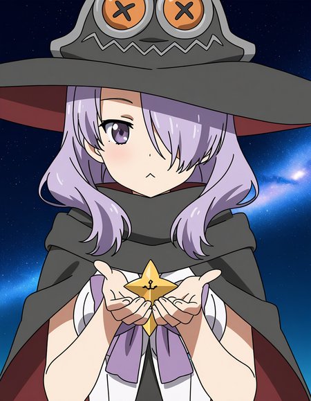 general,highres, ultra-detailed,very aesthetic,best quality ,best hands,  BREAK <lora:Nanako_Houkago_no_Pleiades_IS:1>Nanako(Pleiades), 1girl, purple hair, hair over one eye, purple eyes, long hair, breasts, anime coloring, Nanako(Pleiades), hat, witch   black hat, orange button, solo, :<, witch hat, looking at viewer, closed mouth, upper body, black cape, white dress,  purple ribbon, black cloak, no star (symbol),
galaxy, sky,