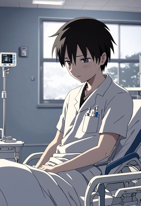 Highres, Masterpiece, High Quality, 4K, 8K, solo, 1Boy, Takaki Toono, adult, black hair, short hair, inpatient room, supine, patient, soft light, hospital, medical furniture, sleep, pale, infusion, tired, sick, uncomfortable, easynegative, detailed_eye_model