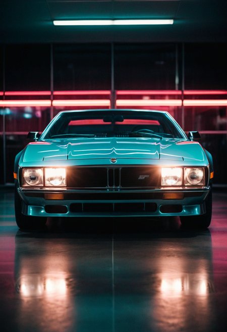 ClassicSportsCar, gleaming prototype, symmetrical front view, bright headlights, neon lights, glass background, light reflections, 4K, highly detailed, (stylish grainy analog 35mm film photo:1.2)
