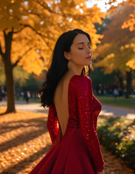 In a bustling urban park bathed in the warm glow of the setting sun, K3RRYC, a woman with black hair cascading down her back and a striking mole below her left eye, stands alone amidst a sea of vibrant autumn foliage. She is dressed elegantly in a flowing red dress adorned with intricate gold jewelry that sparkles under the sun's golden rays. Her pose is serene and thoughtful as she gazes directly at the viewer with her closed eyes, one eye brown and the other black, a testament to her unique beauty. The park's lush greenery and the vibrant colors of the autumn leaves create a beautiful backdrop for this captivating scene. The camera angle is slightly elevated, offering a panoramic view of the park and K3RRYC, emphasizing her solitary and mesmerizing presence in the scene.