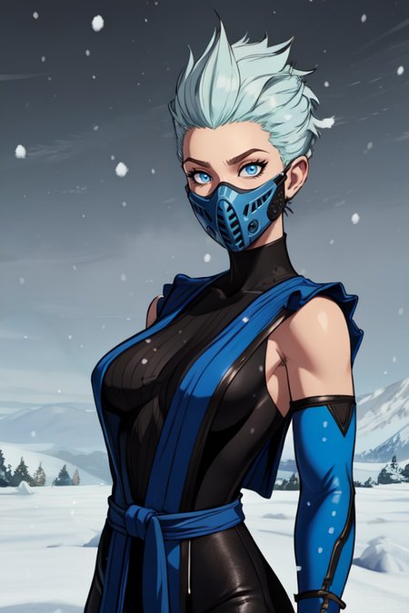 Frost, blue eyes,   mouth mask,  spiked hair, 
 fingerless elbow gloves, bodysuit,  pelvic curtain ,  blue attire, 
standing,  upper body, 
dojo, snow, solo,  
(insanely detailed, beautiful detailed face, masterpiece, best quality) <lora:xFrost:0.7>