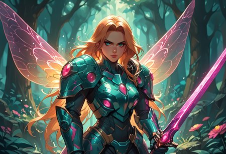 score_9, score_8_up, score_7_up, score_6_up, score_5_up, score_4_up, (cinematic shot of a adult female magical fairy, beautiful face details and long hair, holding a magical glowing sword in an epic attack pose, wearing mecha armor, colorful magical fairy wings on her back, magical fantasy forest in background with glowing mushrooms:1.2), hkmecha
