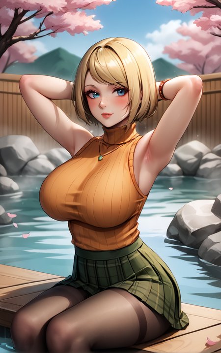 score_9, score_8_up, score_7_up, masterpiece, best quality, absurdres,  solo, BREAK
TurtleNeckSweater_Ashley_ownwaifu,
1girl, blue eyes, short hair, blonde hair, bob cut, jewelry, necklace, lips, large breasts, freckles, bangs, nose, swept bangs, 
sleeveless turtleneck, bare shoulders, green skirt, plaid skirt, orange sweater, miniskirt, ribbed sweater, bracelet, sleeveless sweater, pleated skirt, black pantyhose, thighband pantyhose, turtleneck sweater, watch,  taut clothes,
(sitting, soaking feet, arms behind head), onsen, mount fuji, cherry blossoms, outdoors,<lora:PONYXL_ResidentEvil4Remake_Ashley_ownwaifu:0.65>, depth of field
