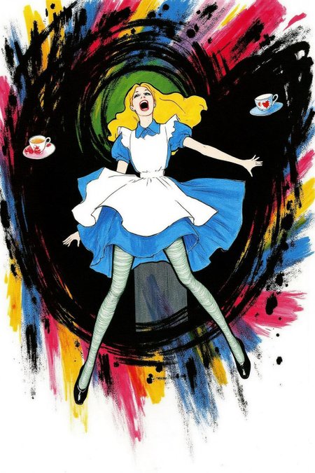 regr1 sketch. Overhead view of Alice in Wonderland falling into the rabbit hole, with her legs dangling beneath her. She is looking upward, her face filled with shock and terror as she screams. Her blue dress and white apron billow out around her as she tumbles, while her striped stockings and black shoes are visible below. The rabbit hole is a swirling, chaotic mix of vibrant colors, playing cards, teacups, and other Wonderland objects floating around her. Soft glowing light emanates from the tunnel walls, adding an eerie, fantastical feel to the scene. The sense of motion and fear is palpable as Alice falls deeper into the unknown. The background is stark white.
 <lora:regr2_fashion_nocap_d6a3:1.0><lora:807671881651165015:0>