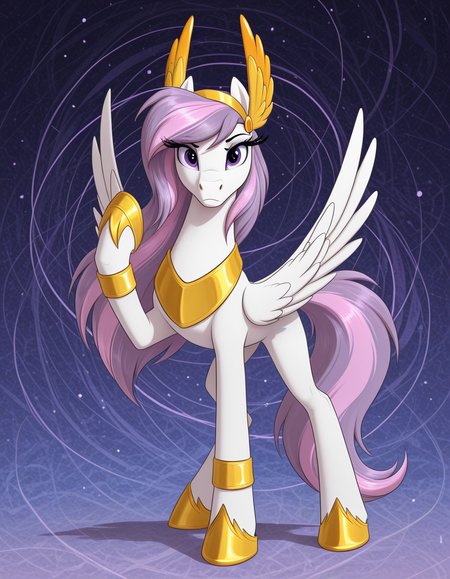 
<lora:ocathena_shawn_keller-000009:1> athena, pegasus, white body, purple eyes, pink hair,longer eyelashes,golden rings, golden hoof hind and front hooves