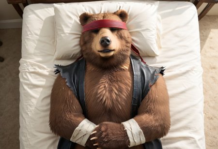 score_9, score_8_up, score_7_up, Expressiveh, masterpiece, best quality, highly detailed, realistic,  1boy, solo, (KumaTK, furry, anthro, bear, black nose, scratched nose, brown body, brown fur, red hairband, dark-grey gi top, martial arts uniform, vest, torn sleeves), upper body, high-angle view, sleeping, closed mouth, claws, (5 fingers), black paw pads, sleeping, (bedroom, bed, simple background), on side
