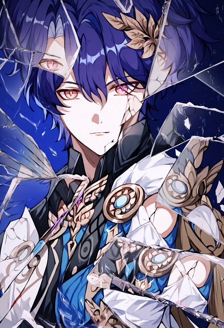 score_9, score_8_up, score_7_up, score_6_up, score_5_up, score_4_up, <lora:intricate_details:0.25> intricate_details_xl, face focus
<lora:Honkai_Impact_Dr_Ratio_v1.1:1> 1boy, solo, Dr. Veritas Ratio, Dr. Ratio, honkai: star rail, solo, 1boy, male focus, gloves, short hair, blue hair, pink eyes, yellow pupils, hair between eyes, looking at viewer  <lora:BreakingGlassXLPDCAME:1> IncrsXLBrknGls, broken glass, reflection, upper body, blue background, gradient background, abstract background