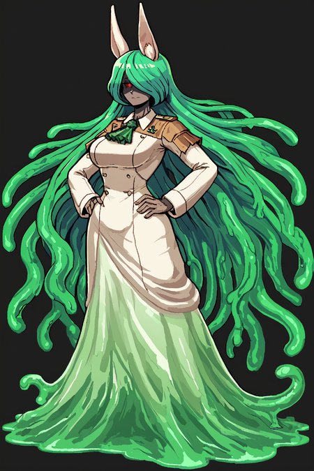 score_9, score_8_up, score_7_up, score_6_up, score_5_up, score_4_up, BREAK, source_anime, solo, 1girl, rating_safe, ((mature female)), ((long green flowing hair)), mechanical parts, ((plastic, polymer, metal body)), (big mechanical rabbit ears), mature female, (bunny ears), (animal ears), subdermal port, ((milf, mature female, big breasts)), hexagon lines in skin, naval uniform overcoat, naval uniform, white military uniform, dress_uniform, ribbons, ((red eyes)), bunny tail, rabbit tail, aiguillette, ((green hair)), ascot, ((Ground level (from behind) view Extreme Distance shot, Standing with hands on hips, cute, confident expression )), pilot suit, shoulder cutout, bunny rabbit Tail, ((hair over one eye, )), digitigrade, clawed feet, minimal clothes, ((metal skin, shiny skin, vampire aesthetic, digital eyes, filled eyes, monochromatic eyes, glowing eyes, colored sclera, red sclera, mechanical eyes, partially shaded face, slit pupils, angular, minimal face, minimalism, narrow eyes, large eyes)), (anubis \(mythology\), anubis \(mythology\), ), <lora:Pony_DetailV2.0:1.5>, <lora:age_slider_v4:4>, ((dark, shaded, black background, horror, GREEN HAIR,)) <lora:ECHANIS:0.7>,  <lora:Valmardraws:1> by valmardraws, pixel art,  <lora:slime sex_pony_V1.0:1> slime sex, slime