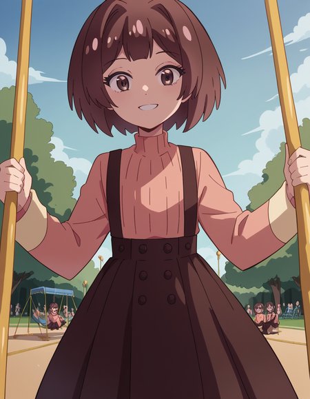score_9, score_8_up, score_7_up, source_anime, <lora:sakura-sonoue-s1-ponyxl-lora-nochekaiser:1>, sakura sonoue, short hair, bangs, brown hair, brown eyes, hair intakes, bob cut,, skirt, long sleeves, sweater, suspenders, high-waist skirt, brown skirt, suspender skirt, pink sweater, public park, playground, swing set, laughter, sunny day, , looking at viewer, smile, solo,, cowboy shot, dutch angle