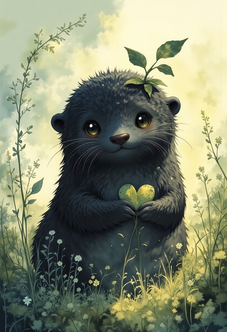Studio Ghibli Whimsical Fairytale – A digital illustration of an adorable, fluffy black dark otter sitting in a serene natural setting. A small leaf rests on its head, tilted slightly to one side, adding to its playful charm. In its tiny paws, it holds another leaf, roughly shaped like a heart, as if presenting it with affection. The background is soft and dreamy, with gentle hues of green and warm golden light filtering through. The atmosphere is peaceful and heartwarming, evoking a sense of wonder and innocence. No humans. The scene features only the otter, lush grass, delicate flowers, and a calm, natural environment. The otter gazes sweetly at the viewer with big, expressive eyes.