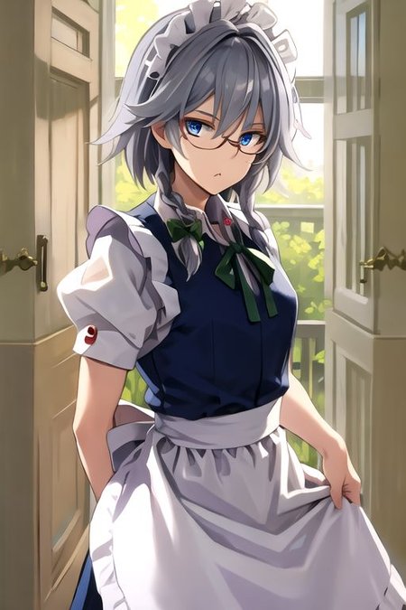 solo, 1girl, solo_focus, (((masterpiece))), ((best quality)), ((ultra-detailed)), high resolution, absurdres, highres, ultra-detailed 8k unity wallpaper, 
((glasses, bespectacled, )):2, 
izayoi sakuya, 
1girl,blue eyes, maid headdress, braid, grey hair, maid, twin braids, short hair, wrist cuffs, bow, hair bow, short sleeves, ribbon, apron,