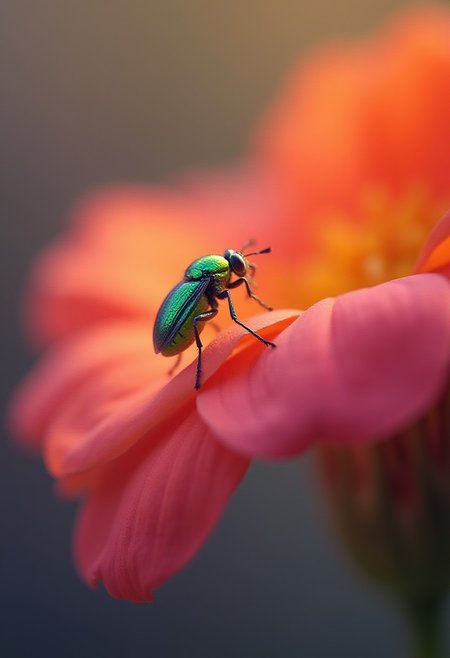 official art, unity 8k wallpaper, ultra detailed, beautiful and aesthetic, masterpiece, best quality,
A stunningly vibrant close-up of a colorful flower petal. Against this serene backdrop, a tiny, iridescent green insect about to perche delicately on the edge of the petal.