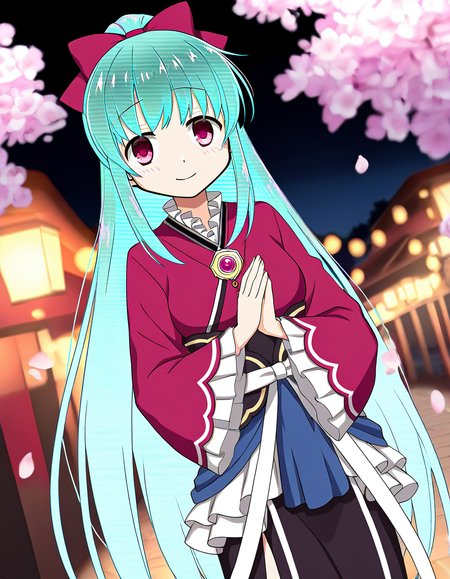 masterpiece, best quality, newest, absurdres, highres, safe, 1girl, amane tsukuyo, magia record: mahou shoujo madoka magica gaiden, glitch hair, glitch, solo, smile, outdoors, cherry blossoms, night, dutch angle, <lora:amane_tsukuyo_noobaiXLNAIXL_vPred10Version:0.7>