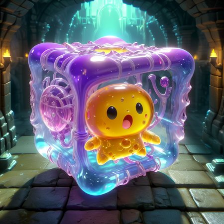 cinematic shot of a fantasy cute little GelatinousCube, dungeon in background, hkstyle, HD, masterpiece, best quality, hyper detailed, ultra detailed, super realistic