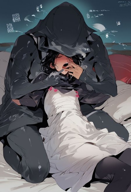 score_9, score_8_up, score_7_up, score_6_up, score_5_up, score_4_up, night, ((white bed)), (((bedroom))), ((young)), ((young body)), ((petite)), ((short)), (impact effect), (motion blur), (breath), (((((1girl))))), ((mouth poison liquid)), (((finger in the mouth by black bodysuit))), sleep face, ((((chloro)))), black hood, black skin, black face, black mask
yyjytjr856856356sd73, black hair, (((white victoria dress))),  (((white royal dress)))