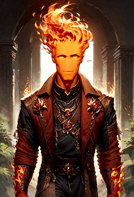 score_9, score_8_up, score_7_up, intricate details, rating_questionable,
<lora:dvr-gs:0.8>, dvr-gs, <lora:firehuman:1>, 
1man(firehuman, fiery body, solo, cowboy shot, looking at the viewer, red iris, happy, bodybuilder, ), black background, 
<lora:ral-chrosc-clr:0.5>, ral-chrosc-clr,
<lora:Expressive_H:0.5>
<lora:xl_more_art-full_v1:0.3>,
<lora:add-detail-xl:0.3>,