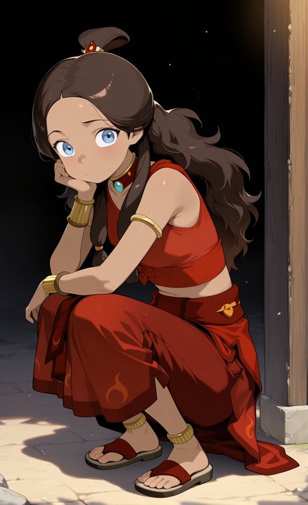 masterpiece,best quality,amazing quality, absurdres, solo, 1girl, <lora:IlluKatara:1> illukatara, dark-skinned female, brown hair, blue eyes, long hair, topknot, finaoutfit, midriff, armlet, armband, choker, dress, squatting, sandals,
