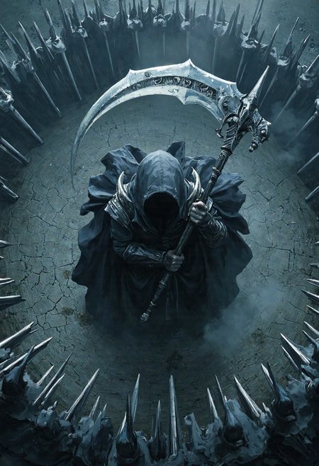 A powerful, hooded figure reminiscent of the Grim Reaper, viewed from above and surrounded by a ritualistic circle of spears. Clad in dark, flowing robes and wielding a majestic scythe, the figure exudes death, mystery, and authority. Rendered in a cold, desaturated palette with intricate textures and ceremonial details, the image creates a hauntingly majestic atmosphere—suggesting themes of finality, fate, and divine reckoning in a dark fantasy realm.







