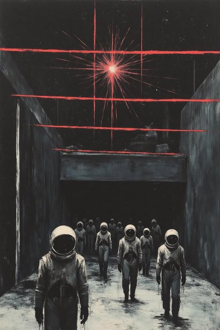 apoca1 illustration. a group of astronauts in a dark alleyway, their shadows cast on the ground below their faces., there is a black wall with a white stripe running down the center of it. In front of the wall, there are laser beams on the space above. The background of the scene is dark, creating a stark contrast with the red lines. <lora:apocalypse_now4_nocap_d4a2:1.0><lora:803187841304713513:0>