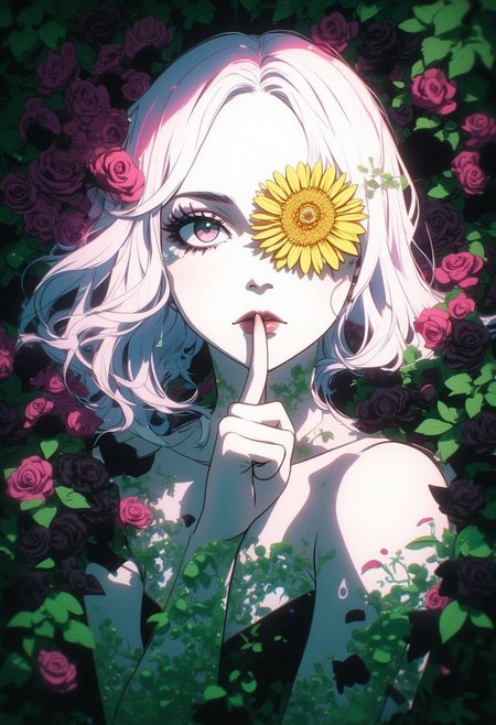 An Acrylic style painting that is expressive, gives it a dynamic and emotional quality. Anime art of a stylized portrait of a woman with a ethereal pink and green mist surrounding her body. The mist creates a dramatic and surreal effect. A yellow flower, that is blooming, covering one eye, attached to the face. The woman has a cold aesthetic, complimented by her white hair. Anime art of woman draped in shadows with a lighting that enhances her unique features.
The background is dark green, filled with black rose petals.
Holding finger to lips, shush, shushing motion,