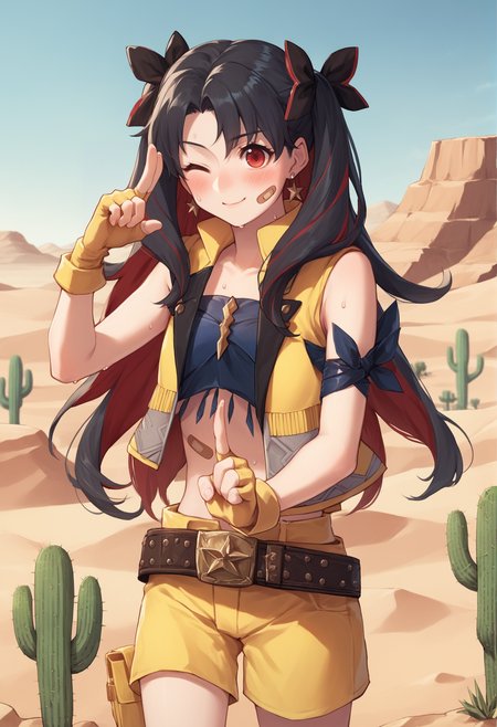 1girl, long hair, multicolored hair, twintails, two-tone hair, black hair, red hair, hair bow, two side up, red eyes, earrings,  bandaid, yellow vest, yellow shorts, fingerless gloves, belt, jewelry, bandages, cowboy shot, outdoors, desert, cactus, wink, finger gun, blushing, sweat <lora:Ishtarin:1>, score_9, score_8_up, score_7_up, score_6_up, score_5_up, score_4_up, BREAK source_anime, masterpiece
