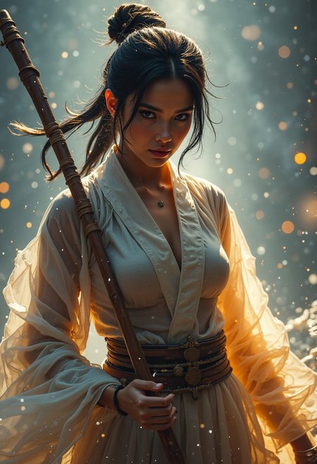 Atmospheric lighting, volumetric lighting, CloseUp, Upper Body Shot, FredFraiStyle inspired buxom Female ninja with wooden staff Standing Battle ready with a Natural powerful weapon, Cleavage, vibrant pastel colored in Grey, White and DARK yellow, Highly detailed analog photo close-up action scene of a woman in billowing transparent hanfu. The focus is on her chest, showcasing the reddish blur of light that trails with the swift motion of the weapon, capturing the dynamic speed of the fighter. Pressure Wave, floating particles, very detailed physic, The scene is set in a misty, fog-filled night with a desaturated color palette. The background is hazy, while motion streaks and dynamic lighting enhance the sense of speed and intensity, with the knight’s glow piercing through the mist.