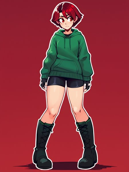 score_9, score_8_up, score_7_up, score_6_up, score_5_up, score_4_up, solo, 1girl, white outline, red background, knee boots, black boots, <lora:raichiyo33XLP_715566:1> raichiyo33,  <lora:Elena-05:1> Enti, red hair, red eyes, short hair, green hoodie, bike shorts, fingerless gloves,