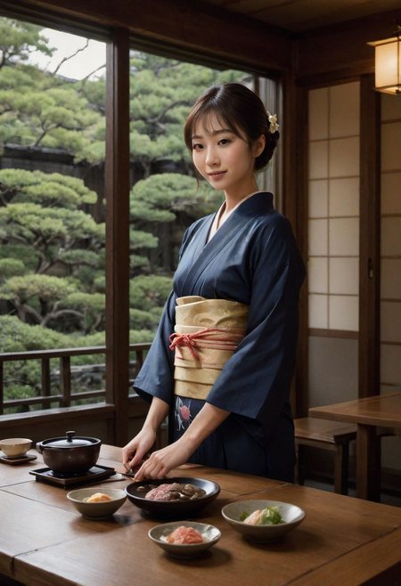 From frontal below :1.3,(dark background:1.3),(sitting behind wood table:1.631),(restaurant at ryokan:1.2),(Japanese tea cups and ((sukiyaki ))on table:1.63),((sukiyaki :1.5)),(beautiful real texture :1),smile face:1,(royal),10k,(real skin texture:1),high resolution,(one 32 years old elegant Japanese woman wearing in jyuban and colored long kimono:1.2), (looking at garden :1.4),exquisite face:1,(163cm tall:1),(fine wrinkle  :1.),(detailed innocent girls face:1.), NegfeetV2,(dazzling face:1.4),(small single chignon:1), (only (one side )breast out:1.54)