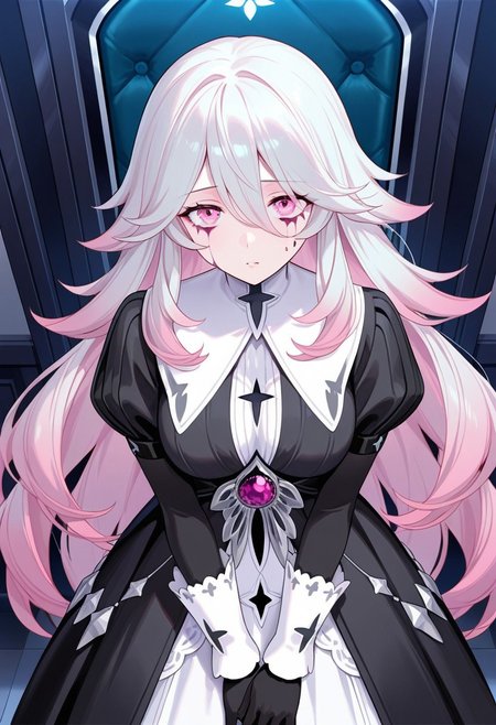 AMAZING QUALITY, MASTERPIECE, 1GIRL, CHIARA, WHITE HAIR, PINK HIGHLIGHTS, PINK EYES, DRESS, EYE STAINS, GLOVES