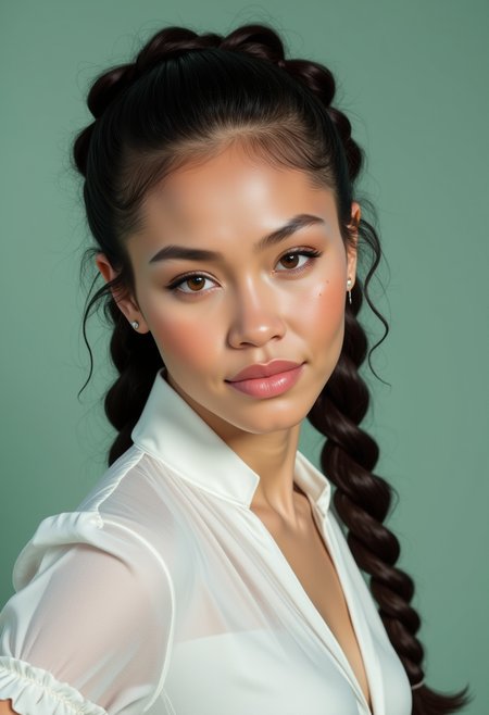 She is approximately 18 years old. Hyperrealism, she is looking at the camera, (dynamic angles), profile headshots of a beautiful, stunning unique female character.  she has dark hair,long hair, braid. her eyes are filled with joy and excitement, extravagant eyelashes. a photo of BGv2, she is wearing a white frilly shirt. The woman is posing confidently. simple sage green colored background. She has a slight smile on her face and is looking directly at the camera. making this image a masterpiece of photography and digital art. realistic. making this image a masterpiece of photography and digital art. Style: realistic hyper-detailed rendering, 32k UHD, expressive eyes, punk, graphic design, girl's face, pretty and cute, gleaming lips, telling a tale of adventure. Exuding confidence and serenity. The overall mood of the image is happy and relaxed,detailed skin texture,(blush:0.2),(goosebumps:0.3),subsurface scattering,whimsical,Detailed hand, Perfect hand. Perfection style.