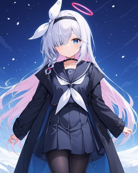 plana \(blue archive\),1girl, solo, hair_over_one_eye, black_skirt, long_sleeves, black_hairband, shirt, braid, open_clothes, black_serafuku, black_sailor_collar, looking_at_viewer, pleated_skirt, closed_mouth, hair_ribbon, white_neckerchief, black_jacket, collarbone, black_choker, coat, black_pantyhose, snow
<lora:plana_(blue_archive)_image5824_2023-12-03-000009:1>halo. gorgeous,key visual, vibrant, studio anime,award-winning, professional, highly detailed,high budget, cinemascope