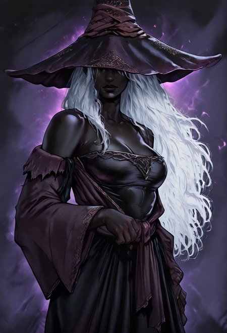 masterpiece, best quality, newest, absurdres, highres, TTCSV1.0, dandon_fuga,, 1girl, ERNRRE-V1.0, very dark skin, dark-skinned female, black skin, black colored skin, colored skin, hat, witch hat, robe, off shoulder, white hair,