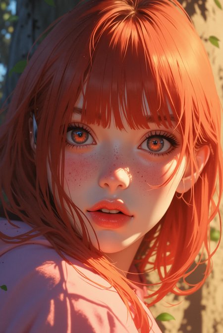 Niji_anime, masterpiece, high-resolution anime-style illustration, semi-realistic anime, cinematic composition, soft painterly shading, delicate gradients, cel-shaded highlights, expressive linework, subtle chromatic aberration, cinematic depth of field, watercolor-like textures, glowing ambient lighting, warm and cool contrast blending, highly detailed features, vibrant color palette, dynamic lighting effects.

A kawaii redhead girl with freckles, looking directly at the camera with big, captivating red almond-shaped eyes. Her cute face is framed by soft, flowing red hair that slightly frames her cheeks, creating an engaging and charming expression.

The background features a softly blurred tree, blending into a serene and natural setting, with gentle glowing ambient lighting adding a touch of warmth and cool contrast. The lighting is cinematic, enhancing her delicate features, with soft gradients that create a dreamy and ethereal atmosphere.

The brush strokes mimic watercolor textures, with delicate shading and smooth, expressive linework highlighting her features. Her eyes and facial expression are full of emotion, drawing the viewer in with a sense of intimacy and allure.

The overall image balances the warmth of her skin tone and the coolness of the background, giving it a dynamic yet serene atmosphere that feels both playful and calming, evoking a dreamy anime aesthetic with a touch of semi-realistic detail.