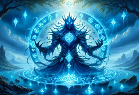 Glowing Runes, Glowing Rune Circle, a water elemental covered in blue glowing runes, surreal landscape art