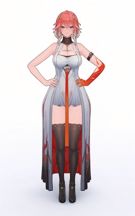8k, best quality, masterpiece, (ultra-detailed), (high detailed skin), 
(full body:1.25), (white background:1.4), (simple background), standing, looking at viewer, (solo:1.2), hands on hips, 
<lora:changli-a3-Tanger:0.8>, changli, alternate clothes, red single glove, white dress, sleeveless dress, 1girl, breasts, thighhighs, black footwear, 
(beautiful_face), ((intricate_detail)), clear face, 
((finely_detailed)), fine_fabric_emphasis, 
((glossy)), full_shot,