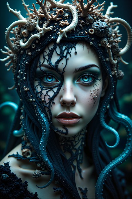 A close-up of a witch-like figure with a crown of twisted bones and coral, their features both human and oceanic. One side of their face is covered in barnacle-like growths, contrasting with the smooth, alabaster skin on the other side. Their eyes are mismatchedâone a deep, stormy blue, and the other a milky, pearl-like orb with shifting shadows within. Translucent, bioluminescent tentacles emerge from their collar, writhing softly in a faint, ghostly light. In the background, ancient shipwrecks and coral reefs can barely be seen through the dark, murky depths, creating an eerie, underwater ambiance.<lora:midjourney_whisper_flux_lora_v01:0.5><lora:aidmaMJ6.1-FLUX-V0.1:0.4><lora:FluxMythP0rtr4itStyle:0.4><lora:detailed_flux_ntc:2.2><lora:aidmaImageUpgrader-FLUX-V0.1:0.65>
