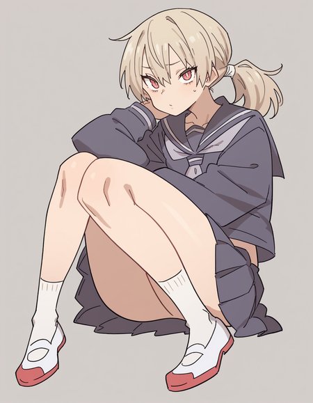 zPDXL, score_9, score_8_up, score_7_up, score_6_up, score_5_up, score_4_up, 1girl, solo,
 <lora:Maa:0.8> maa, flat color, serafuku, school uniform, pleated skirt, socks, white footwear, uwabaki, looking at viewer, ponytail with bangs, hourglass,