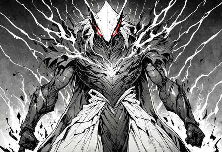 monochrome, greyscale, An imposing figure stands, enveloped in a vortex of vibrant red energy that crackles like lightning in the gloom. His broad-shouldered, heavy-textured dark robe falls over his body, while a hood conceals his identity. His face is covered by a metallic mask of fine white lines, reflecting a spectral glow. From the shadows of his hood, two incandescent red eyes pierce the darkness with inhuman intensity. Around him, reality distorts into a frenzy of flames and living shadows, spinning in pure chaos. Ethereal figures, barely discernible, lurk in the gloom, with glowing eyes that seem to spy from the abyss. The low angle perspective reinforces its authority and magnitude, making it appear colossal, like a deity emerging from the very core of an infernal storm. His perfect hands, hidden under his tunic, suggest a contained power. The composition plays with the contrast between his dark silhouette and the searing glow that surrounds him, evoking the image of an implacable, transcendental being, whose mastery over crimson energy turns the scene into an overwhelming spectacle of chaos and absolute power.