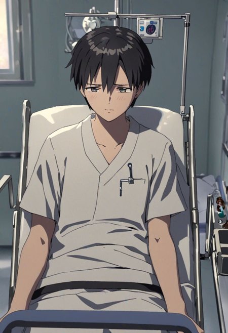 Highres, Masterpiece, High Quality, 4K, 8K, solo, 1Boy, Takaki Toono, adult, black hair, short hair, inpatient room, supine, patient, soft light, hospital, medical furniture, sleep, pale, infusion, tired, sick, uncomfortable, easynegative, detailed_eye_model